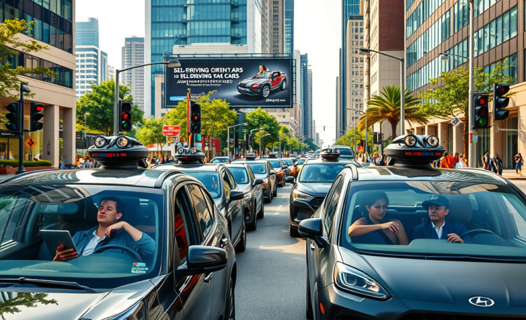 Image depicting a comparison between autonomous vehicles and traditional driving, highlighting key pros and cons.