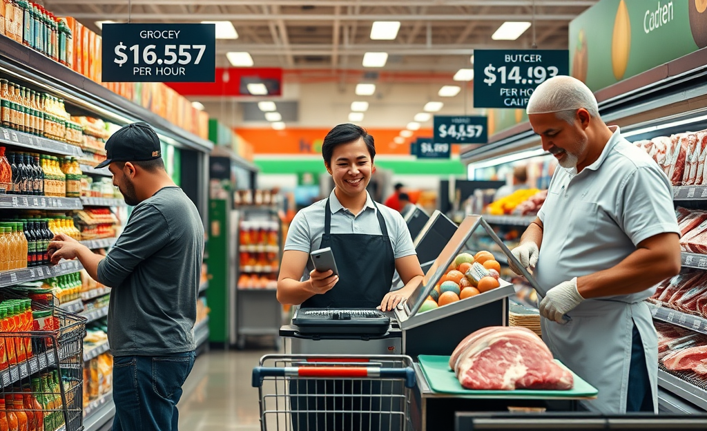 Illustration of a stock clerk, cashier, and butcher with wage symbols