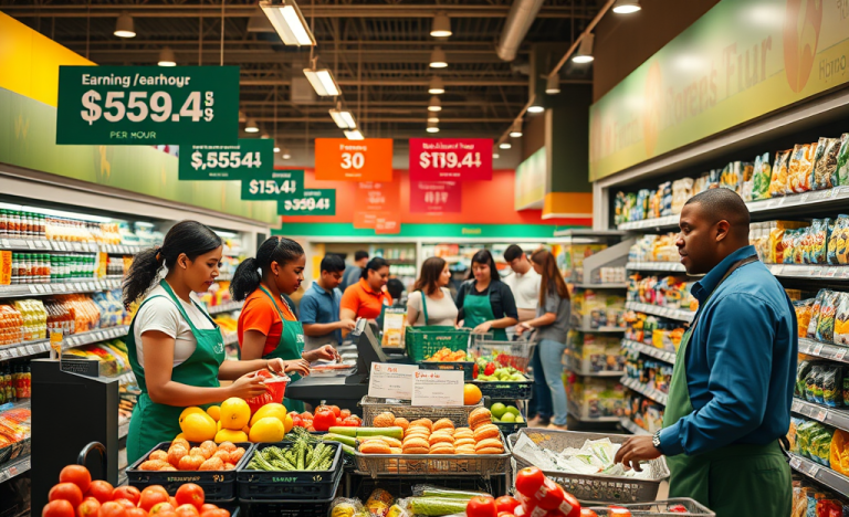 Image showing supermarket employees working at various tasks, highlighting the dynamic nature of their jobs.