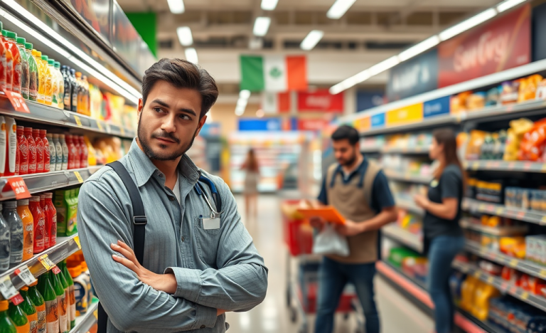 A supermarket employee working in a grocery aisle
