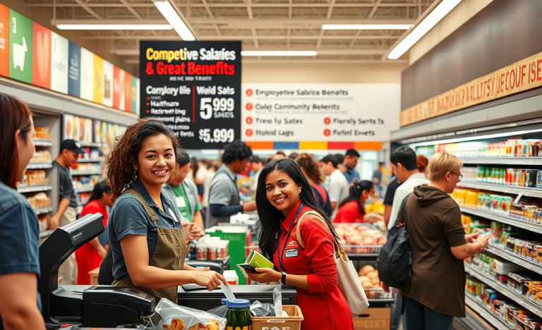 Image depicting employees working in a supermarket, highlighting the discussion on salaries and benefits.
