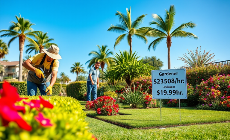 Image of a gardener and a landscaper working in a garden, showcasing tools and plants.