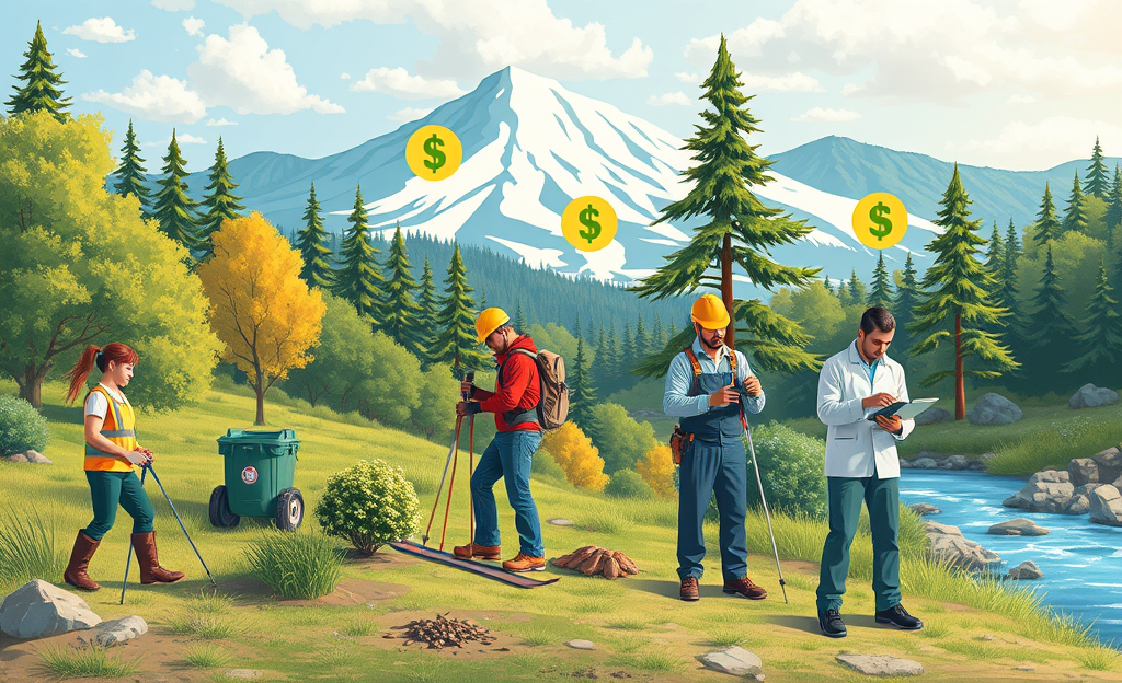 Professionals working in nature-based jobs, including groundskeepers, ski instructors, and environmental scientists, in various outdoor settings.