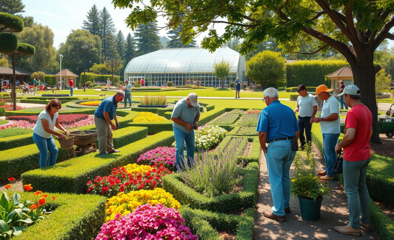 A gardener working in a lush public garden, showcasing the vibrant plants and flowers while enjoying the benefits of the job.