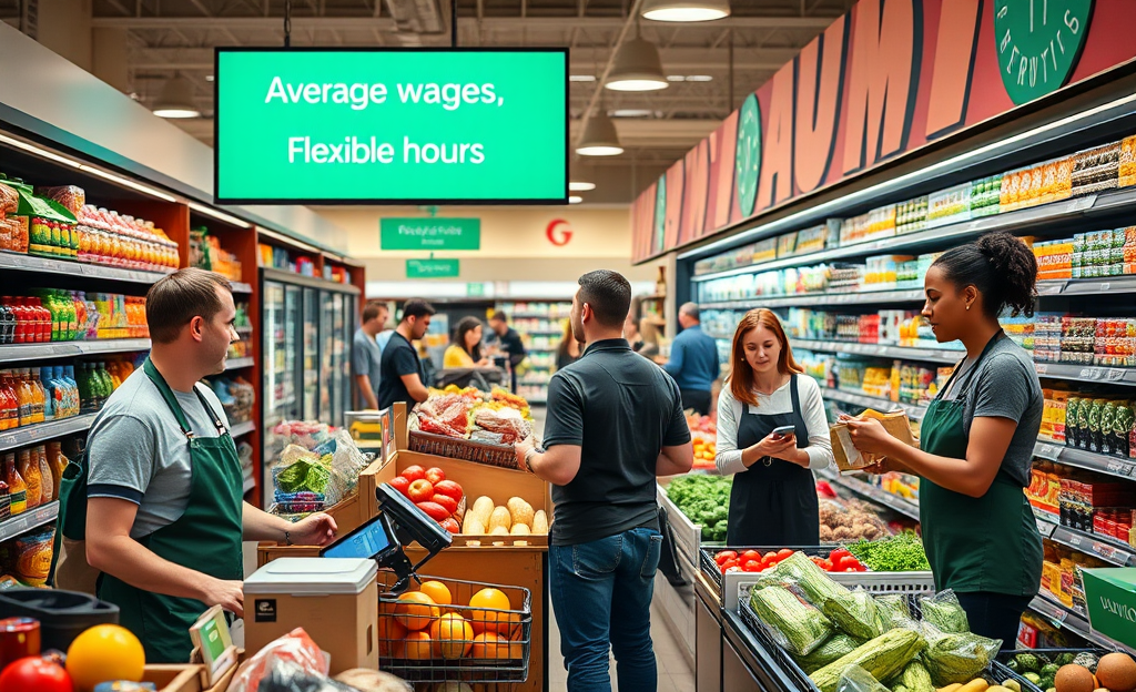 Supermarket employee stocking shelves, illustrating work environment and tasks