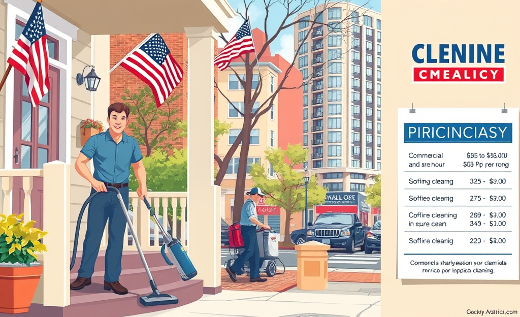 Image depicting various cleaning tools and price tags illustrating service charges for cleaning and maintenance.