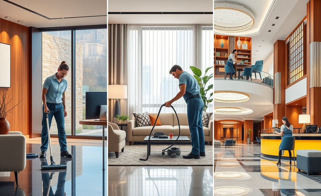 A professional cleaner tidying an office space, representing the benefits of various cleaning services.