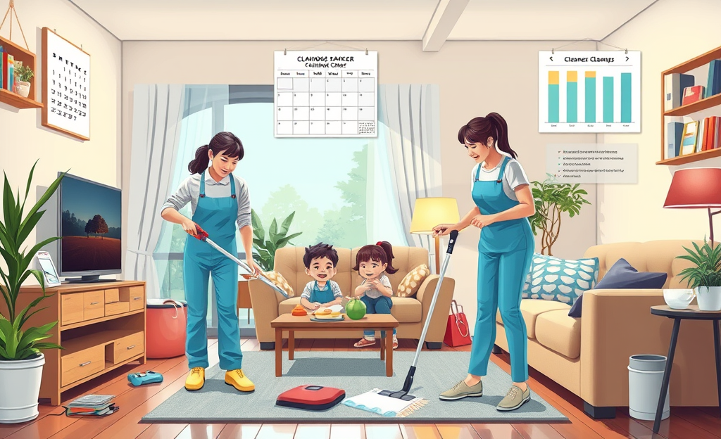 A professional cleaner tidying a modern living room, representing the value and cost of hiring cleaning services.