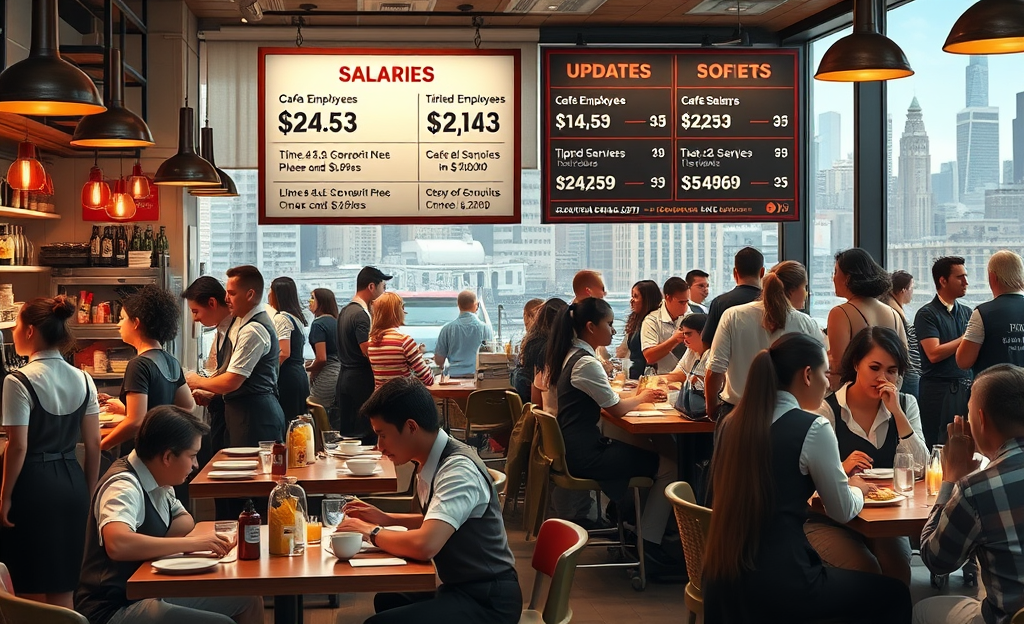 A bustling restaurant with employees serving guests, showcasing varied roles and responsibilities.