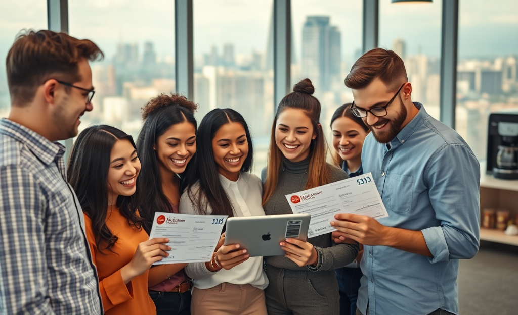 An employee happily dining using meal vouchers, symbolizing workplace benefits.