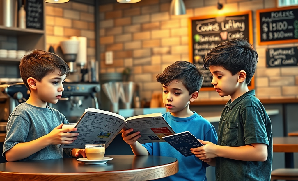A barista making coffee, a cook preparing a meal, and a boy working, showcasing different job roles and their earnings.