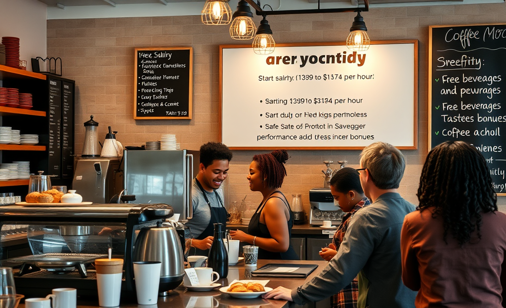 Image of coffee shop employees working with perks and bonuses details.