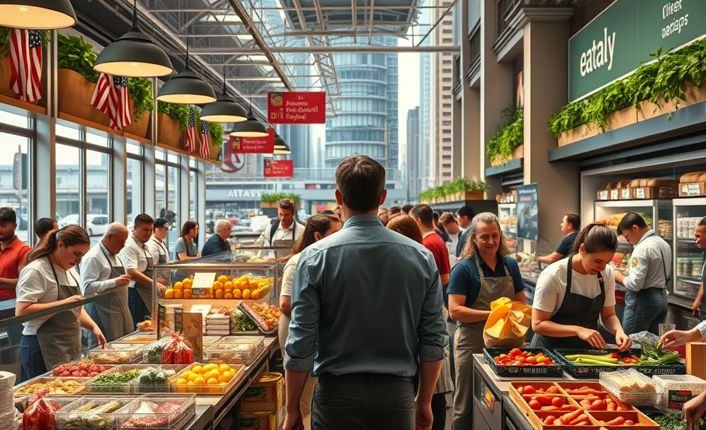 Employees at work in Autogrill or Eataly with a bustling atmosphere.