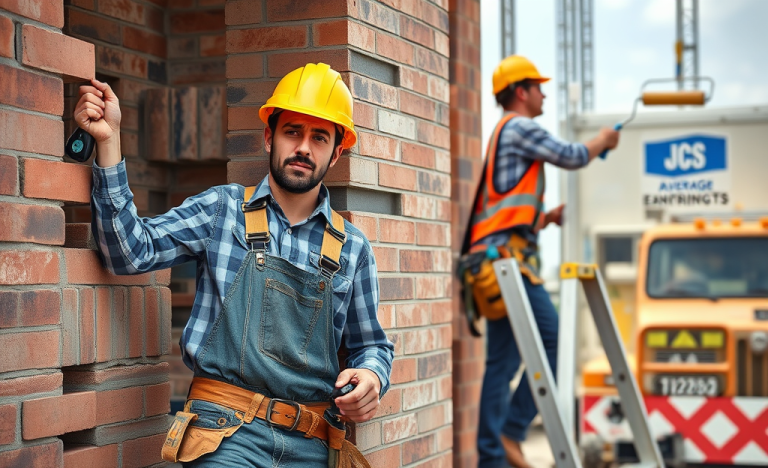 A bricklayer working on a construction site, with a painter in the background.