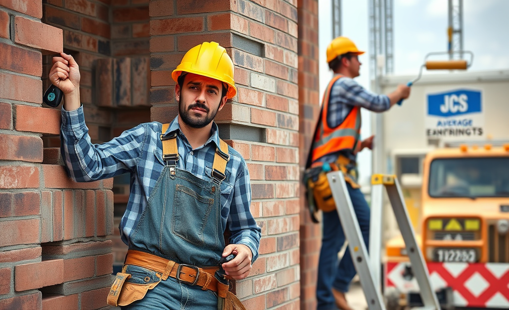 A bricklayer working on a construction site, with a painter in the background.