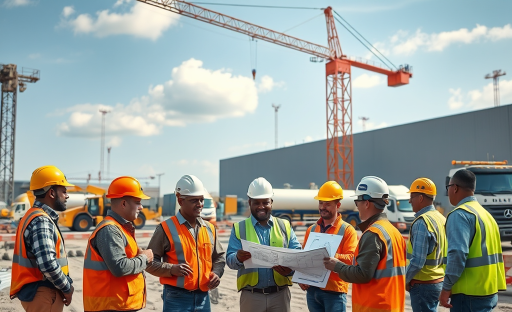 An aerial view of a large construction site with cranes and workers, illustrating the scale and efficiency of major construction firms.