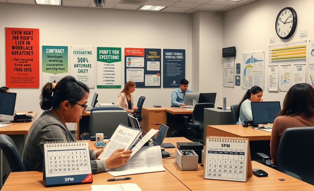 An office workspace showing a computer, a clock, and a paycheck representing working conditions and compensation.