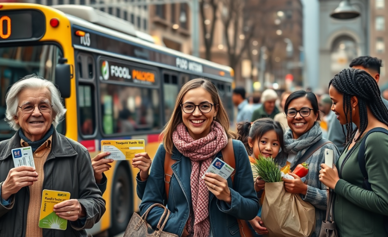 Image depicting interconnected benefits of transportation vouchers, food assistance, and insurance