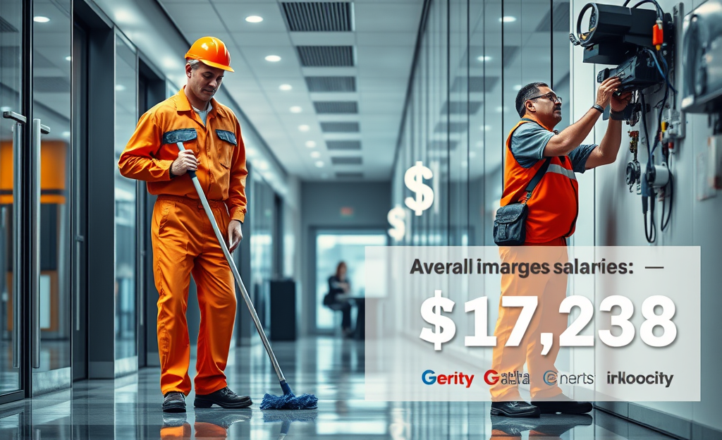 Image depicting janitor and maintenance technician working in a building setting.