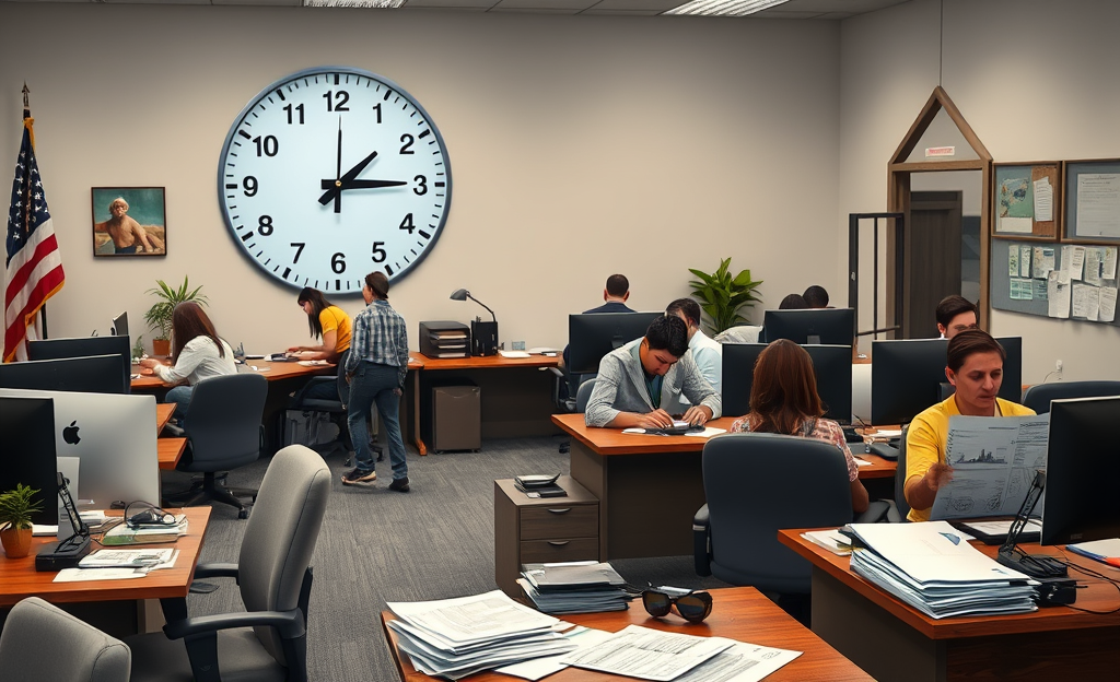 An office worker clocks in at a facilities company, highlighting concepts of work hours and pay.