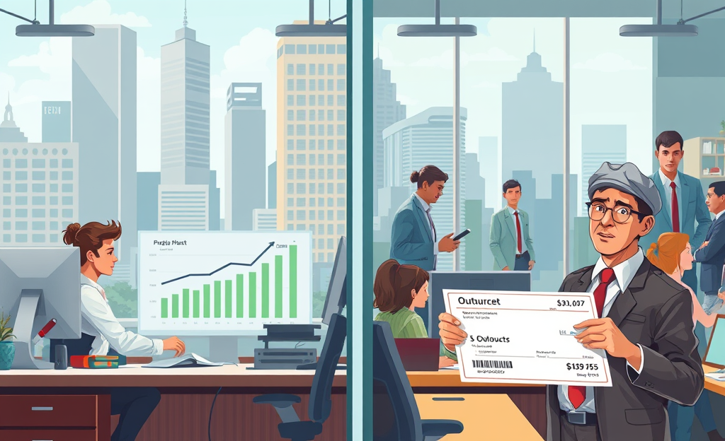 An illustration depicting salary comparison between outsourced and full-time employees.