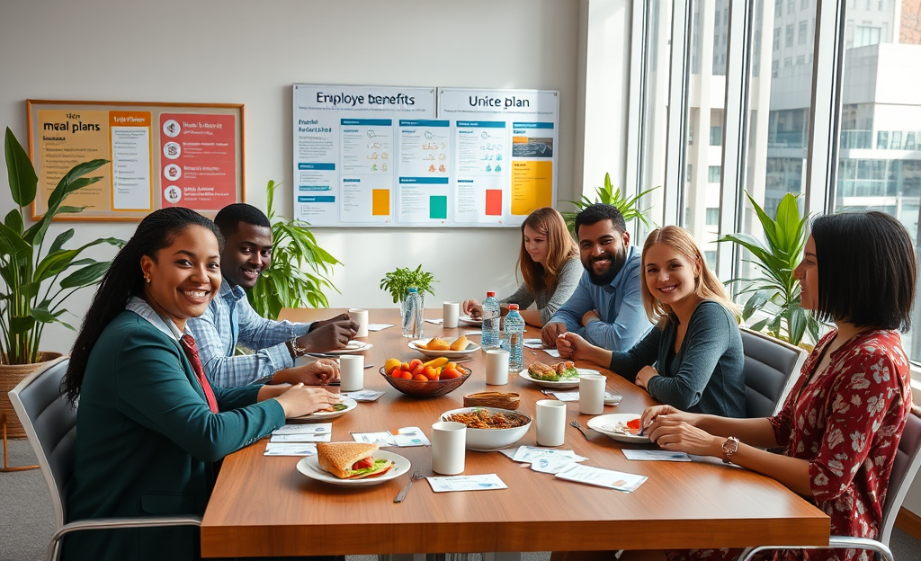 An illustration showing meal vouchers, health plan cards, and insurance documents representing employee benefits in management.