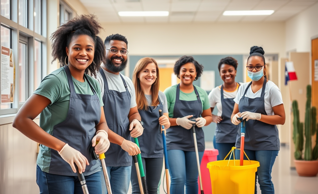 A custodian in uniform cleaning a corridor with a mop, representing stable and high-paying job opportunities.