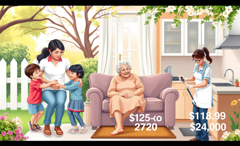 Image illustrating diverse caregiving roles including childcare, elderly care, and cleaning services.
