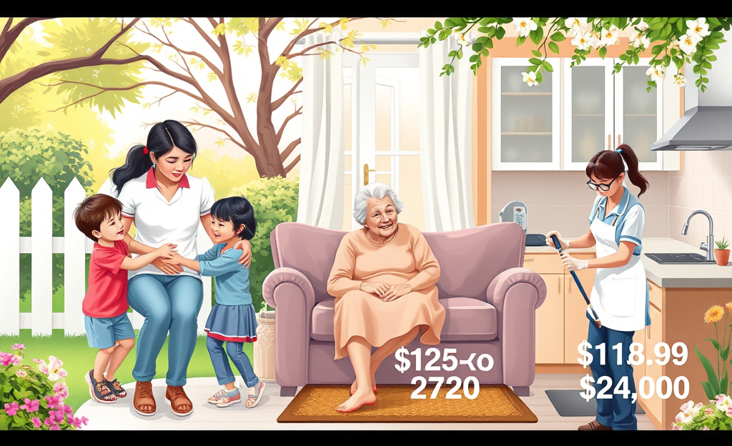 Image illustrating diverse caregiving roles including childcare, elderly care, and cleaning services.