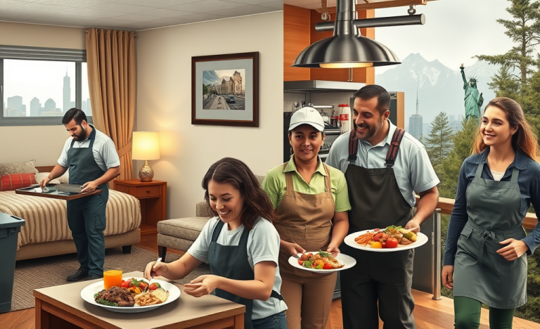 A diverse group of workers enjoying a meal together, symbolizing jobs with food and housing benefits included.