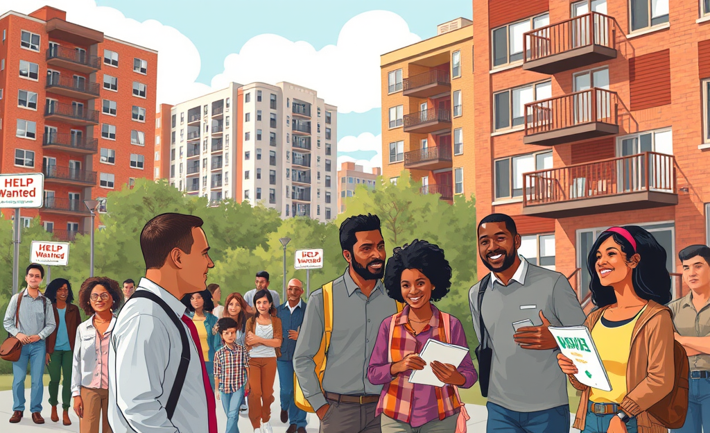 Featured image showing a family looking at housing options with symbols of salary and benefits.