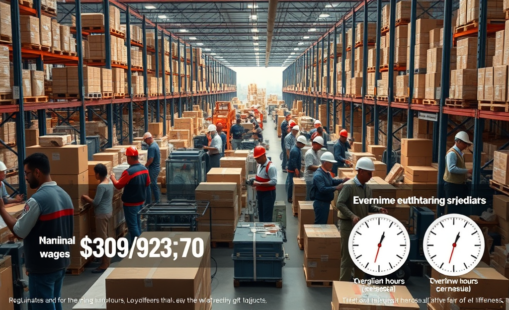 Logistics workers discussing shift earnings and overtime pay