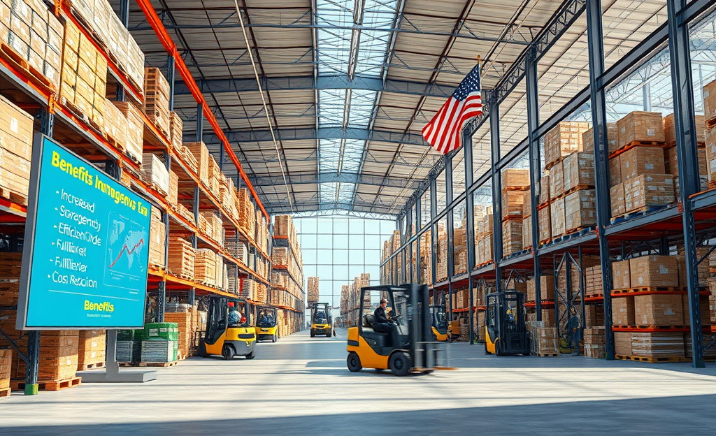 A modern warehouse with organized inventory illustrating logistics benefits.