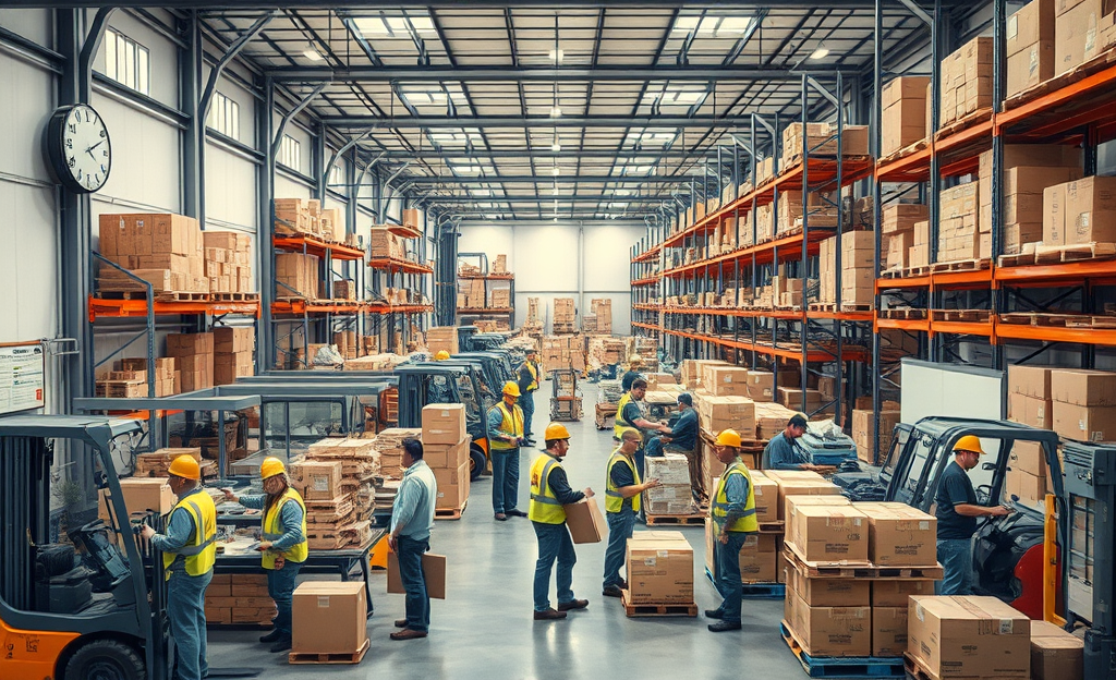 Workers organizing packages in a busy warehouse, showcasing teamwork and efficiency, highlighting career opportunities and benefits.