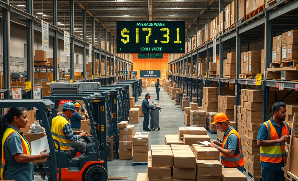 Workers in a warehouse setting, handling packages and operating machinery, illustrating the concepts of pay, working hours, and labor rights.