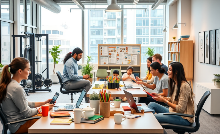 Image depicting various office benefits and support job perks like health insurance, professional growth, and wellness programs.