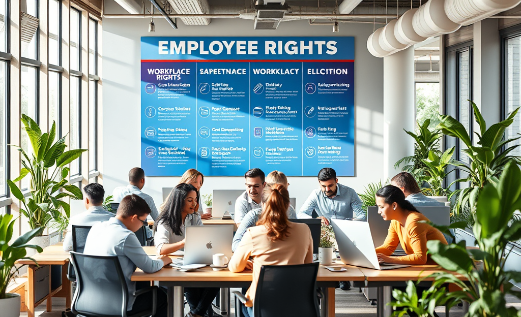 An office setting with employees collaborating, highlighting rights and benefits in the workplace.