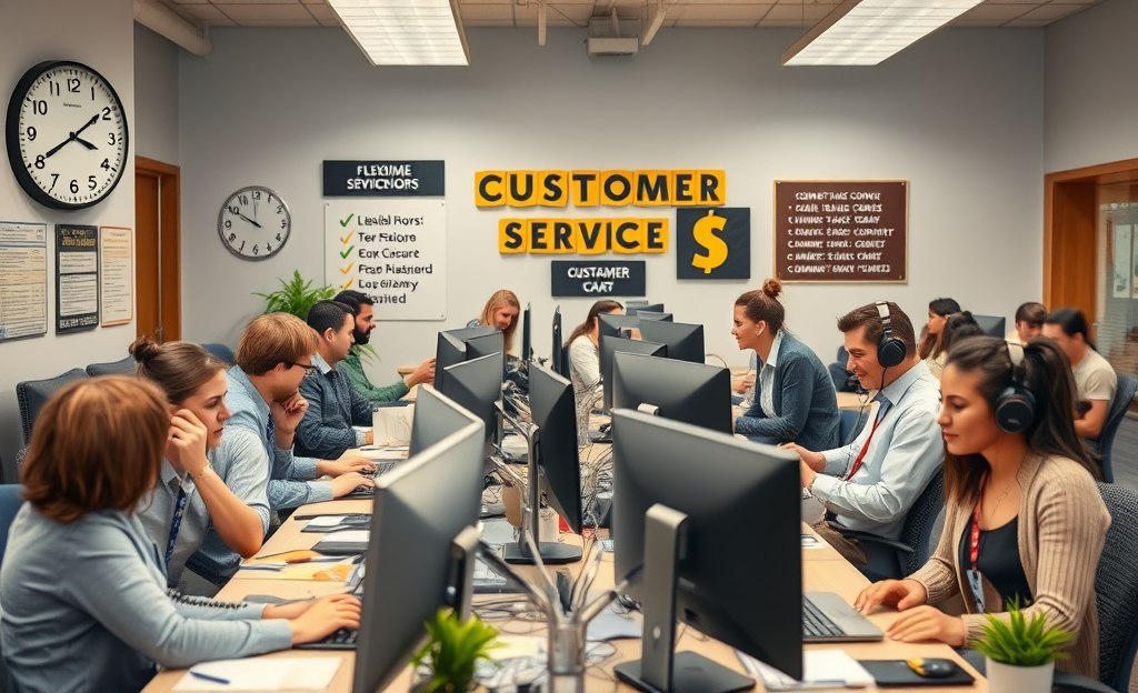 A representative assisting a customer over the phone, highlighting flexible hours and career stability in customer service.