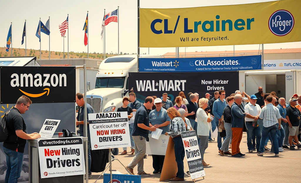 A group of drivers standing in front of delivery and freight trucks, representing various companies actively hiring