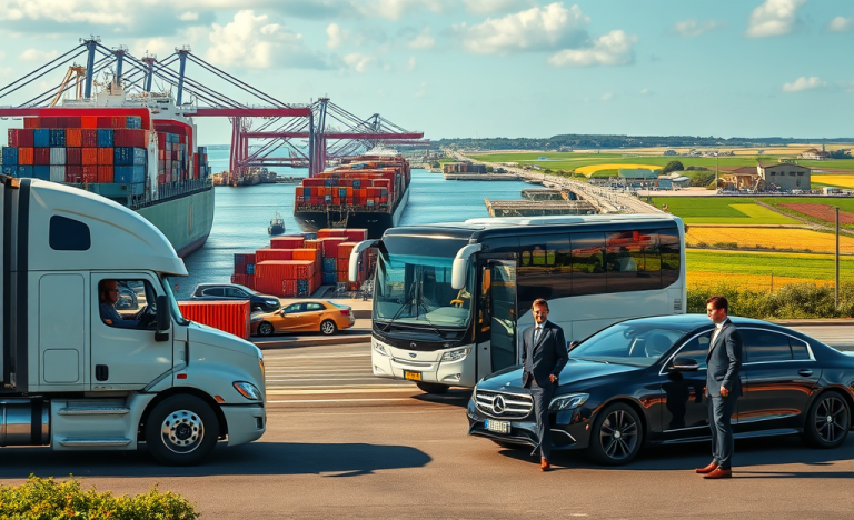 A driver in a truck navigating through a busy port area.