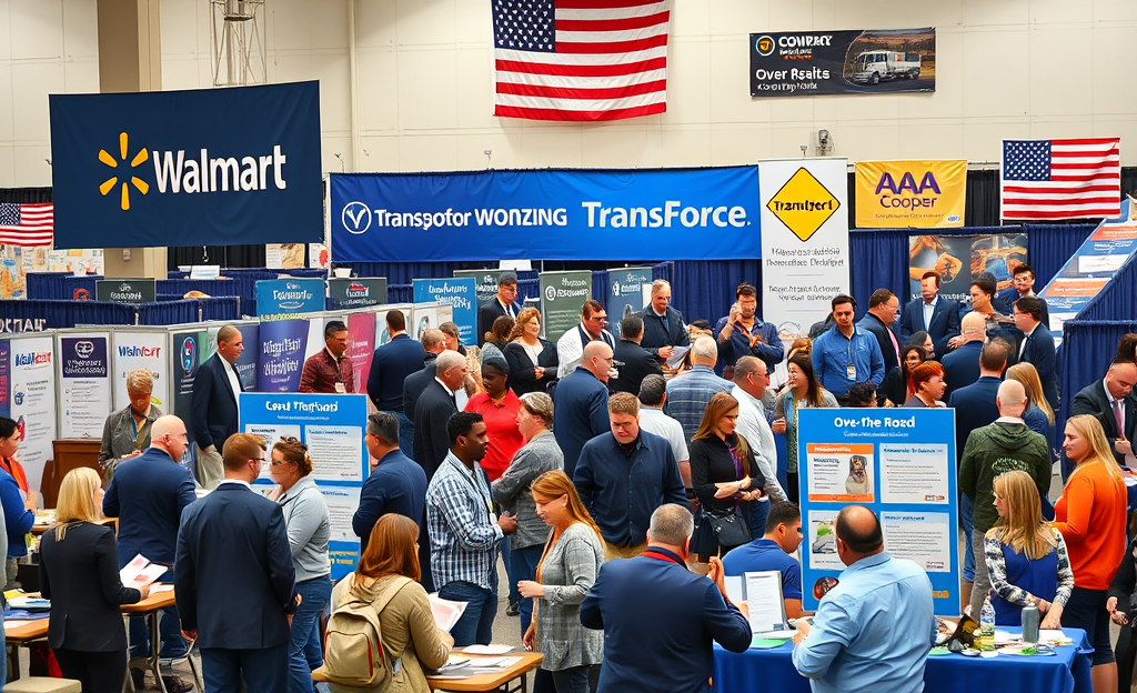 A fleet of transport trucks from top companies actively seeking drivers.