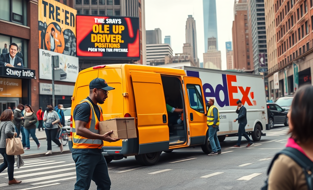 Image of a diverse group of drivers in front of various delivery trucks and transportation vehicles.