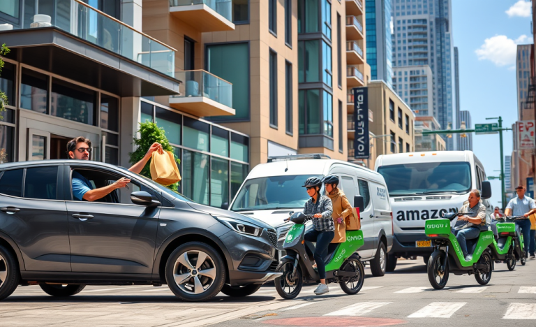 A delivery driver ready to start their route for Uber, Amazon, and Glovo, holding a package and smartphone.