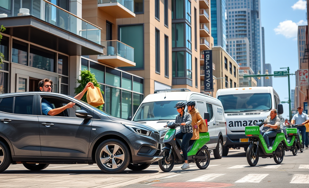 A delivery driver ready to start their route for Uber, Amazon, and Glovo, holding a package and smartphone.