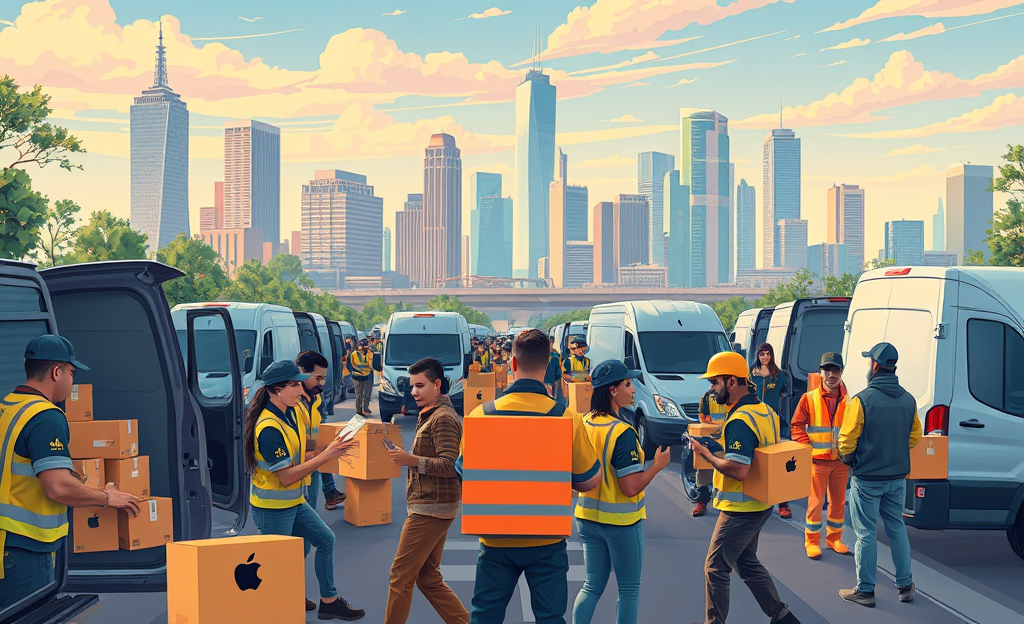 A dynamic depiction of delivery trucks and app interfaces symbolizing opportunities in logistics and delivery industries.