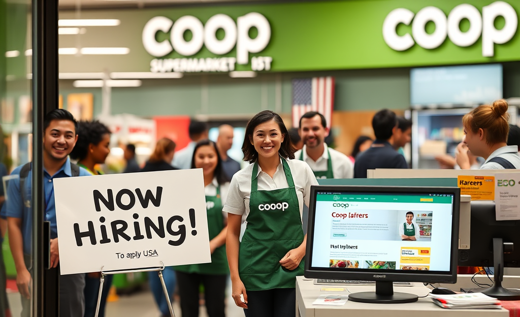 An image of Coop Supermarket with a hiring sign, inviting applicants to explore career opportunities.