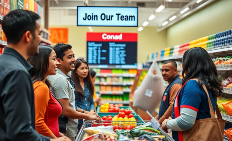 A diverse team of Conad employees working together in various roles.