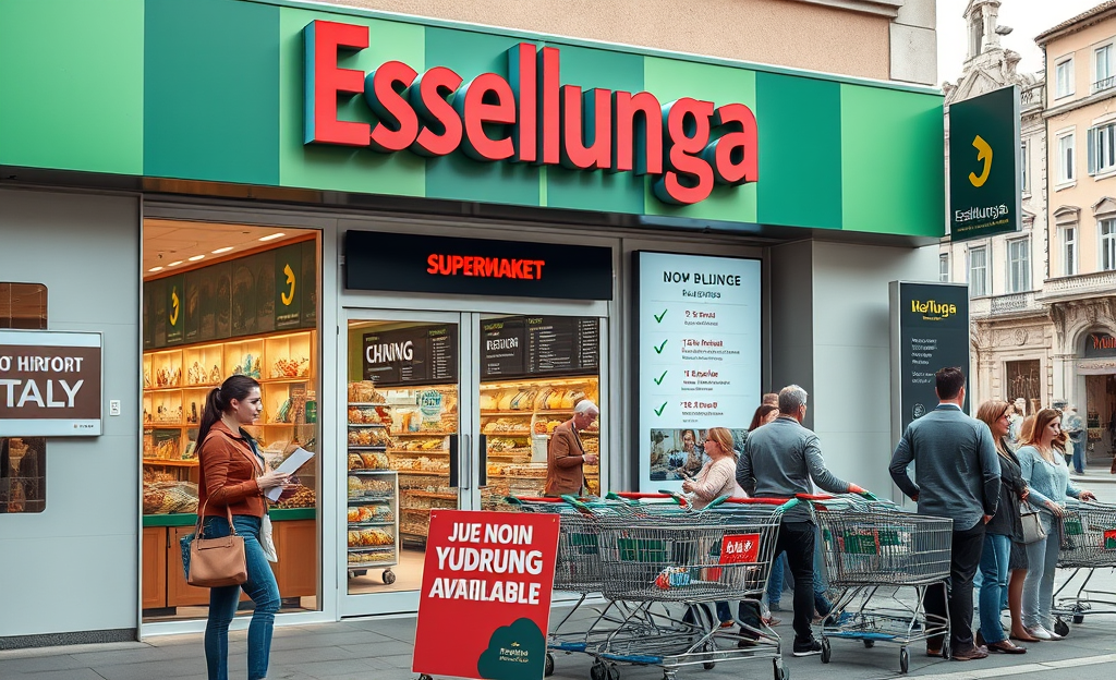 Esselunga supermarket interior showcasing job opportunities and employee interactions.