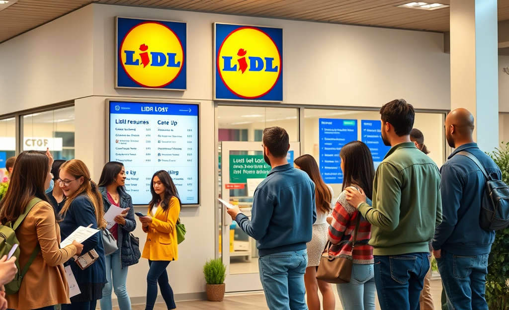 A diverse group of new employees happily working at Lidl.