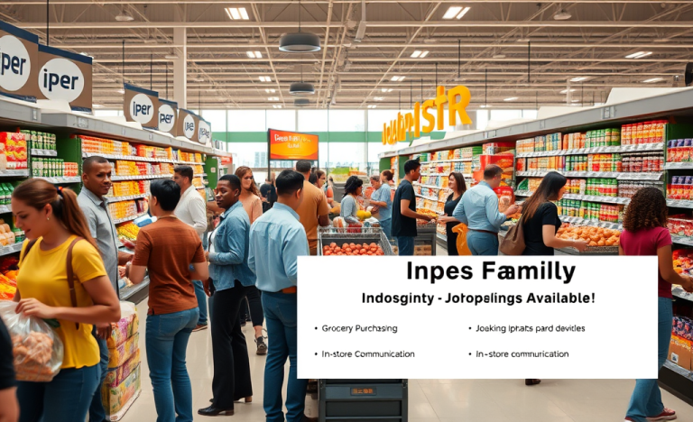 Image showing a busy Iper supermarket with staff assisting customers, representing job opportunities.
